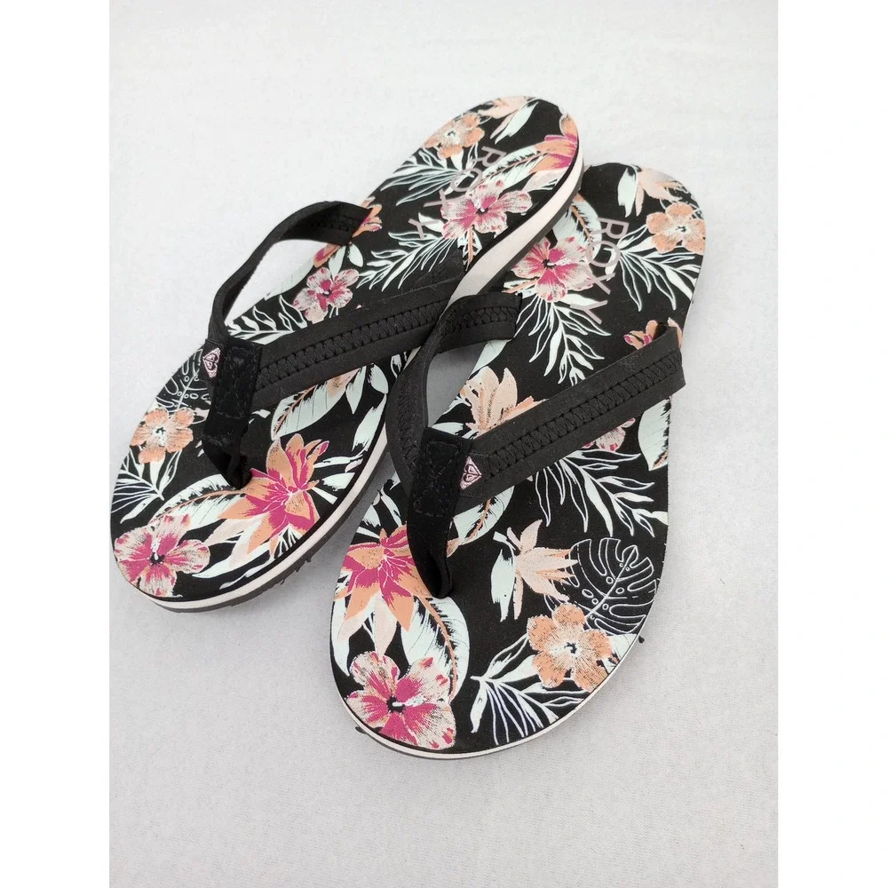 Roxy Flip Flops Womens Size 5 Black Floral Vista Loreto Sandals